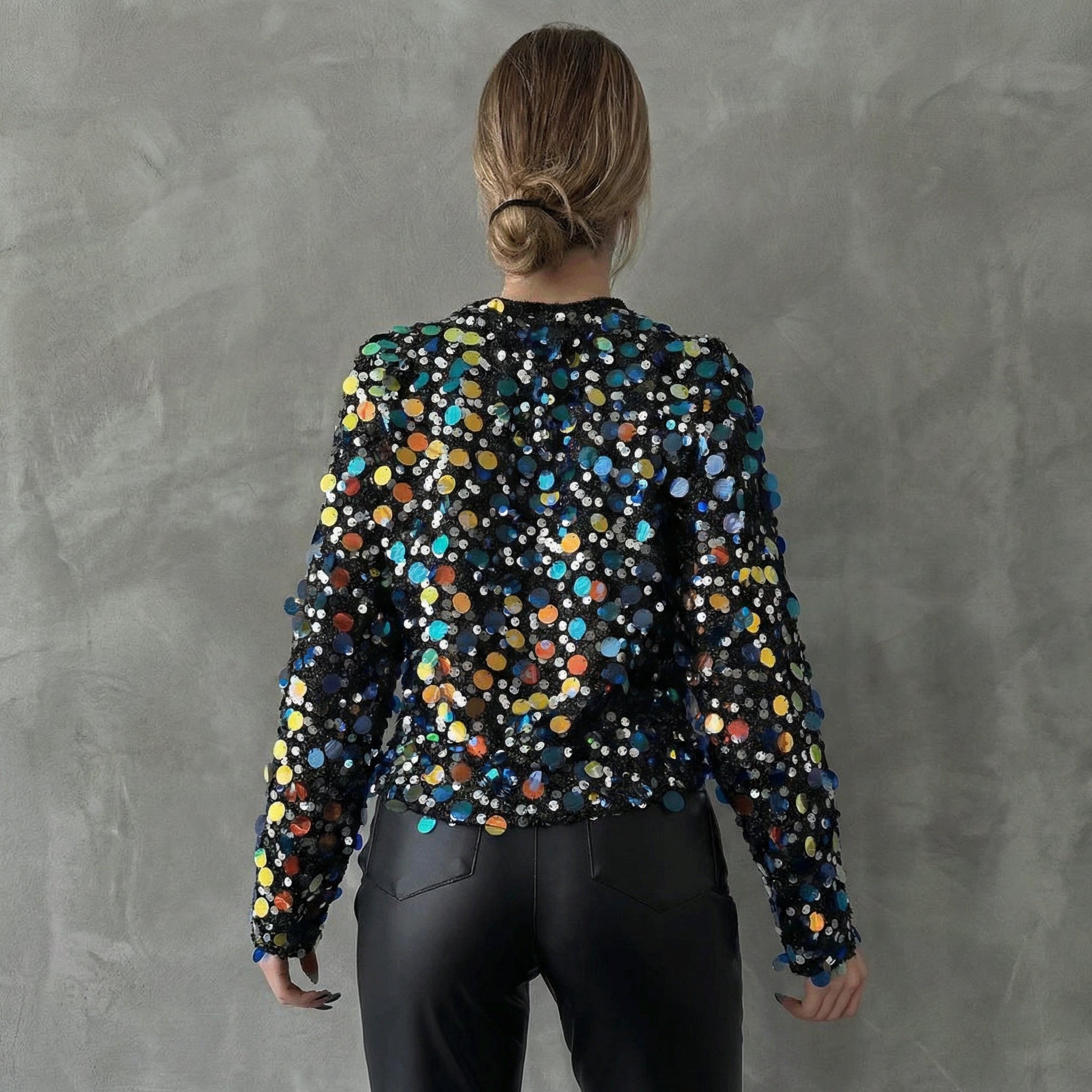 Schwarze Pailletten-Disco-Bluse mit buntem Schimmer
