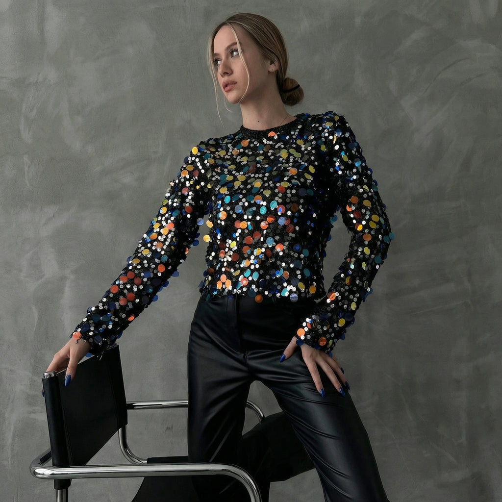 Black Sequin Palette Disco Blouse with Multi-Coloured Shimmer