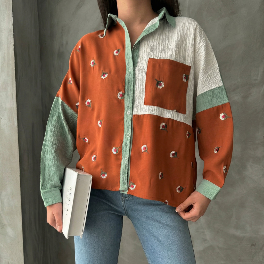 Textured Floral Embroidered Patchwork Shirt in Sage and Rust