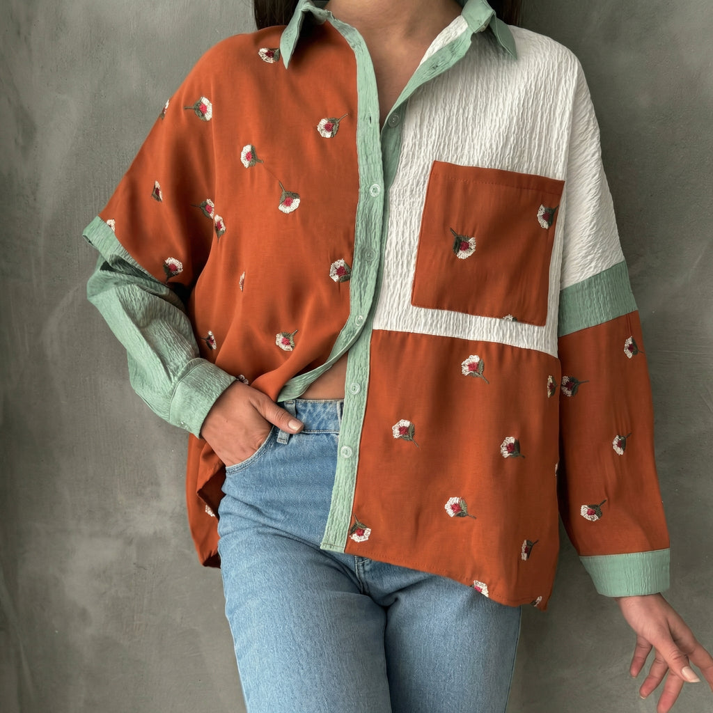 Textured Floral Embroidered Patchwork Shirt in Sage and Rust