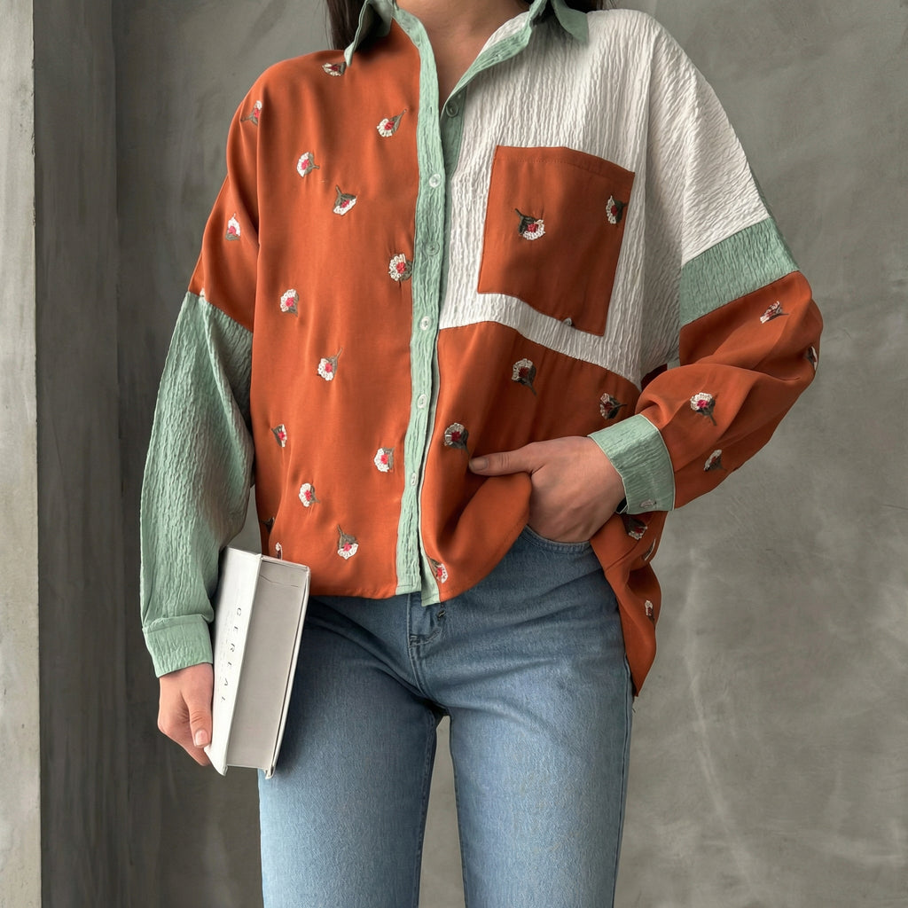 Textured Floral Embroidered Patchwork Shirt in Sage and Rust