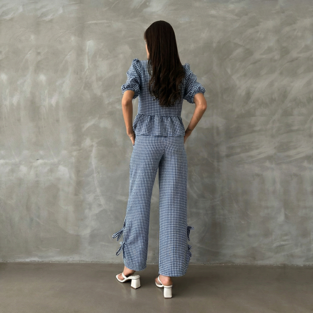 Blue Gingham Wide-Leg Trousers with Tie-Hem Detail