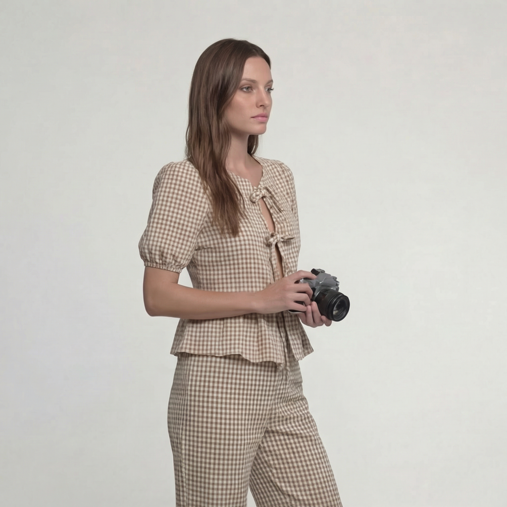 Stone Gingham High-Waisted Straight-Leg Trousers