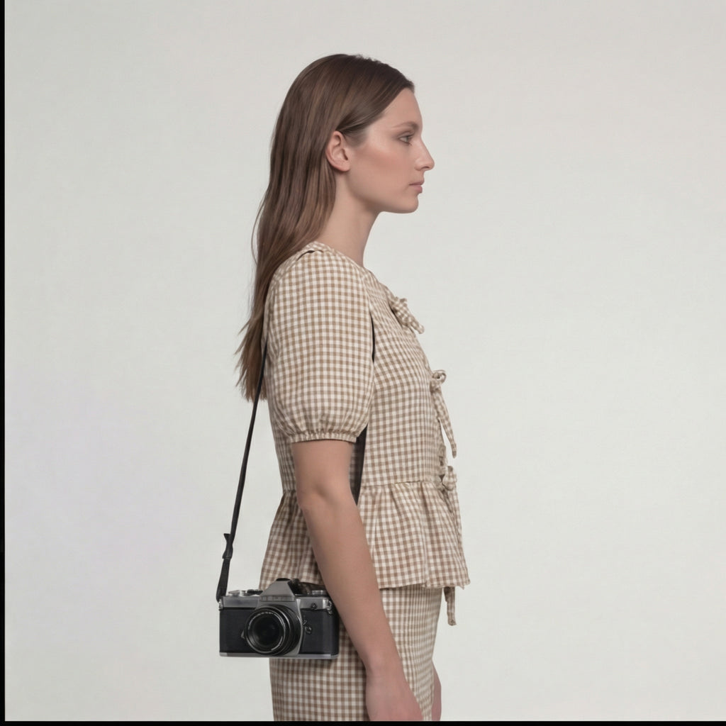 Stone Gingham High-Waisted Straight-Leg Trousers