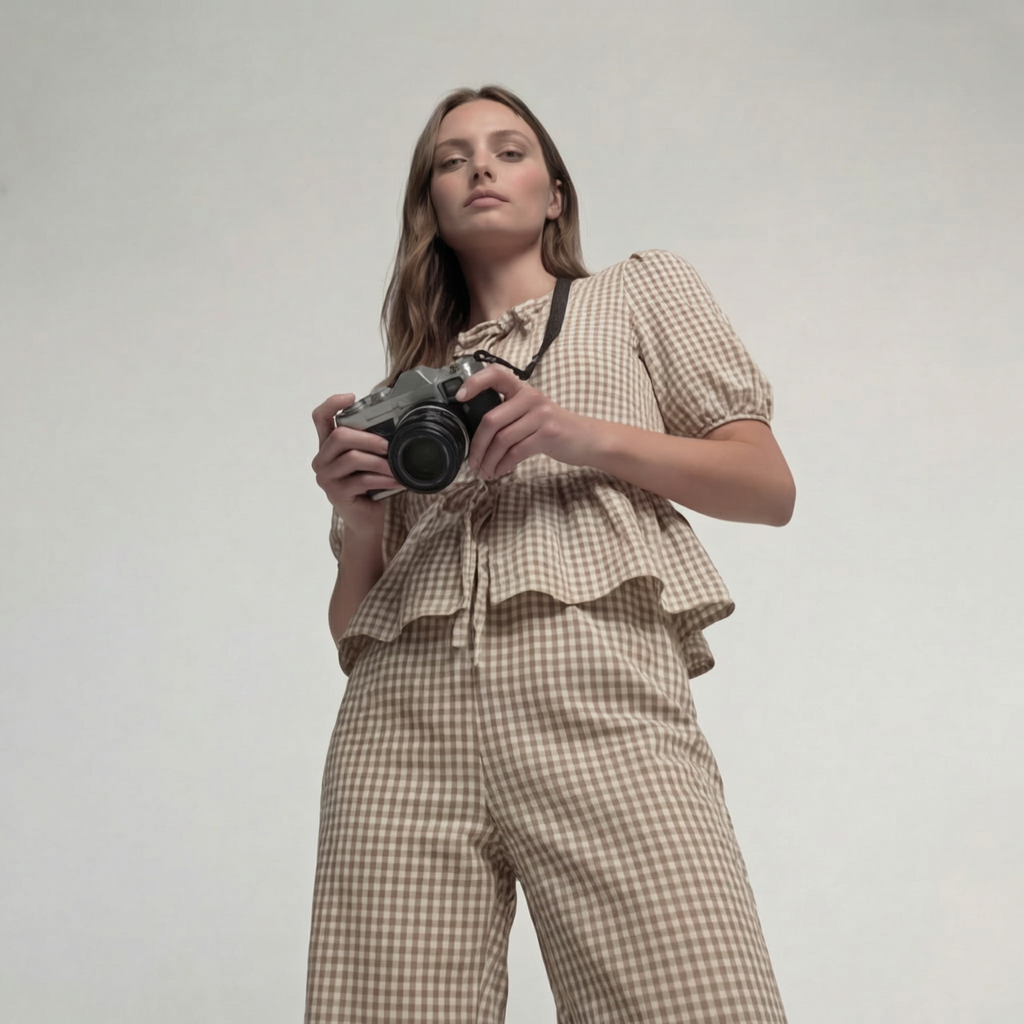 Stone Gingham High-Waisted Straight-Leg Trousers