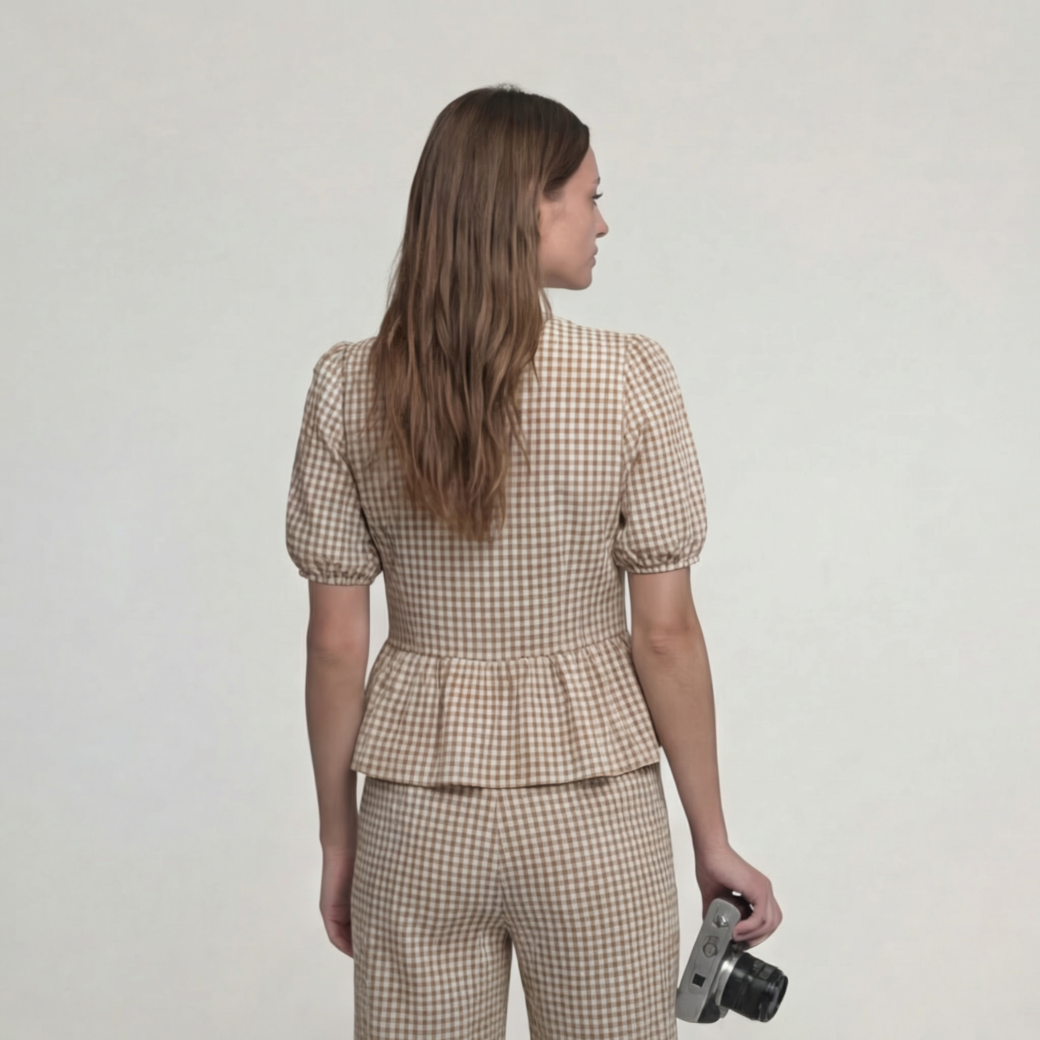 Stone Gingham High-Waisted Straight-Leg Trousers