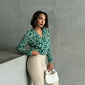 Emerald Green Floral Patterned Knit Long Sleeve Blouse