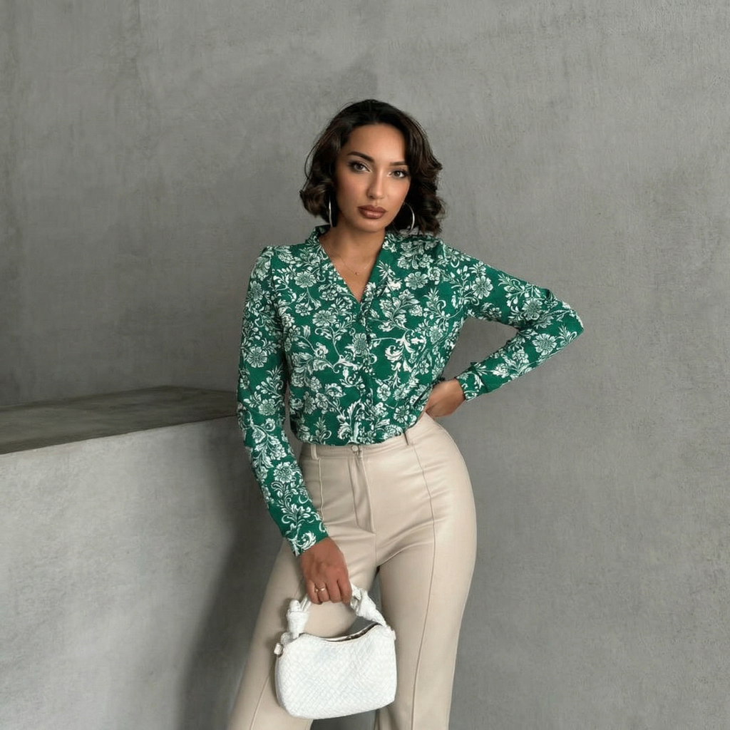 Emerald Green Floral Patterned Knit Long Sleeve Blouse