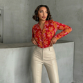 Red Floral Print Long Sleeve Blouse