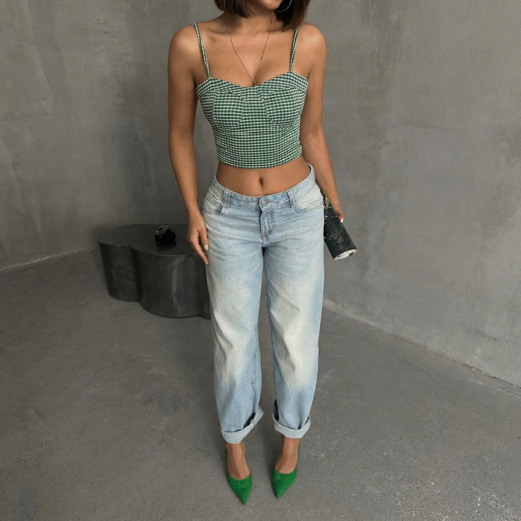 Gestreiftes Crop-Bustier Top in Grün-Weiß
