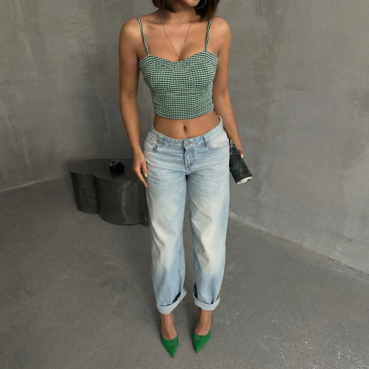 Gestreiftes Crop-Bustier Top in Grün-Weiß