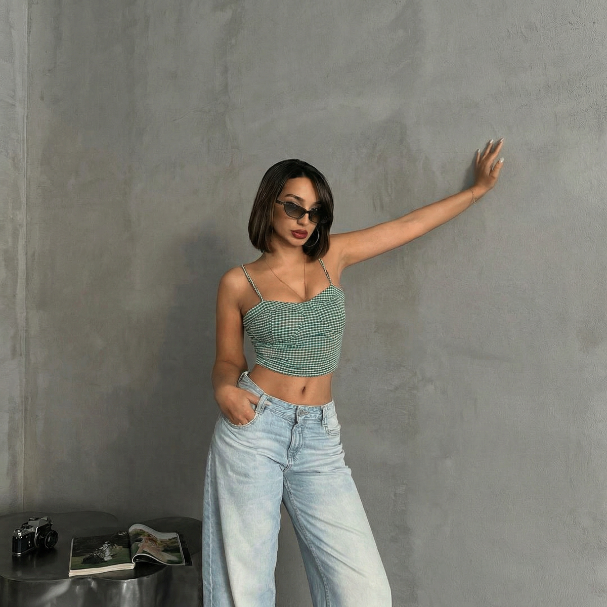 Gestreiftes Crop-Bustier Top in Grün-Weiß