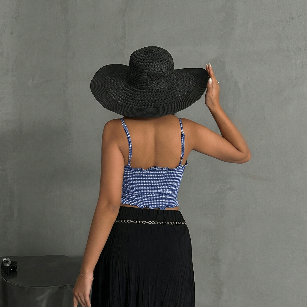 Saxe Blaues Gingham Crop Top mit gesmoktem Bustier