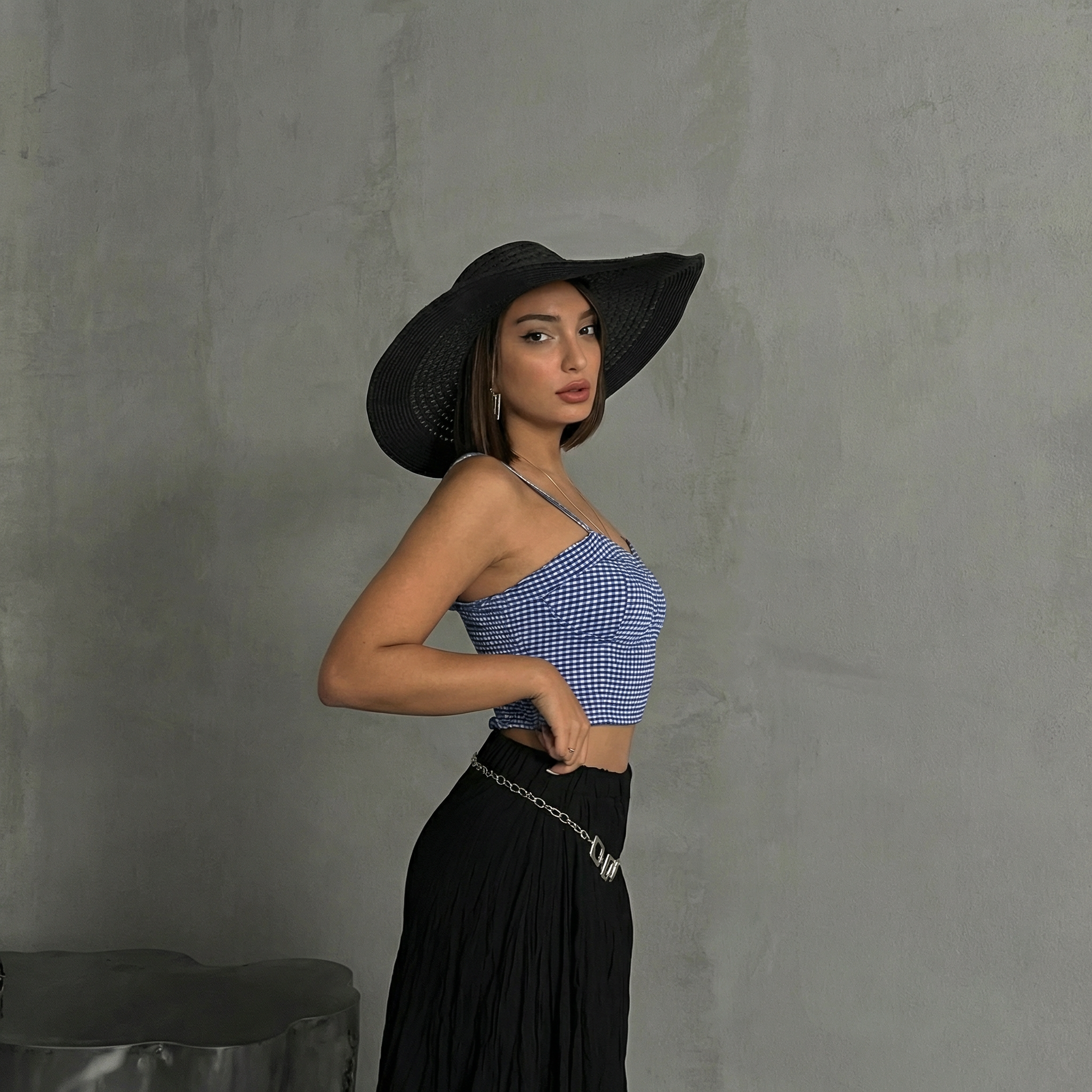 Saxe Blaues Gingham Crop Top mit gesmoktem Bustier