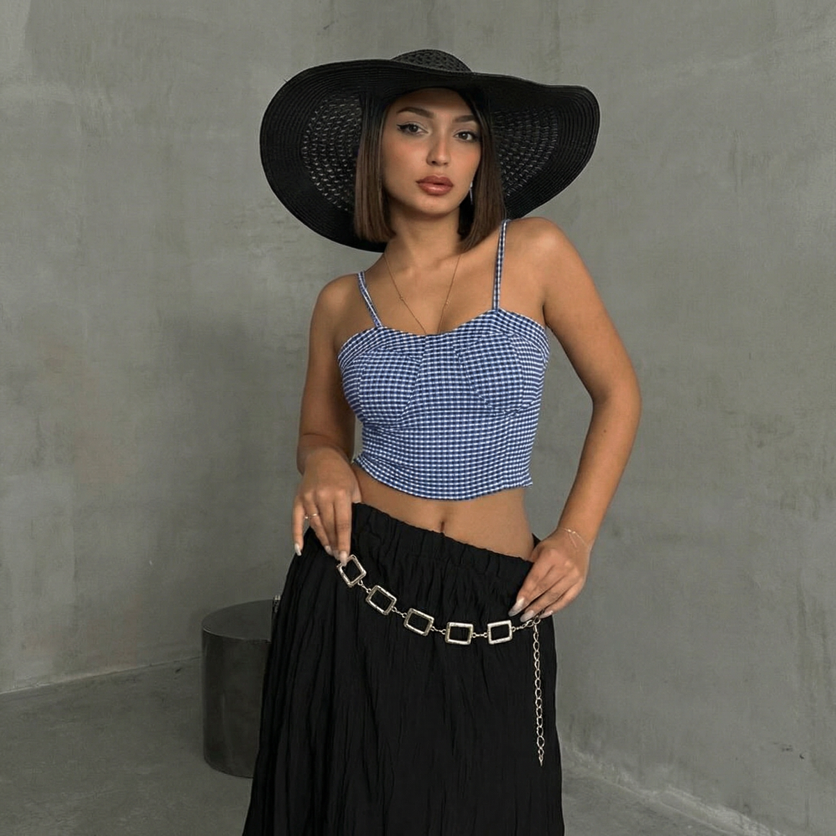 Saxe Blaues Gingham Crop Top mit gesmoktem Bustier