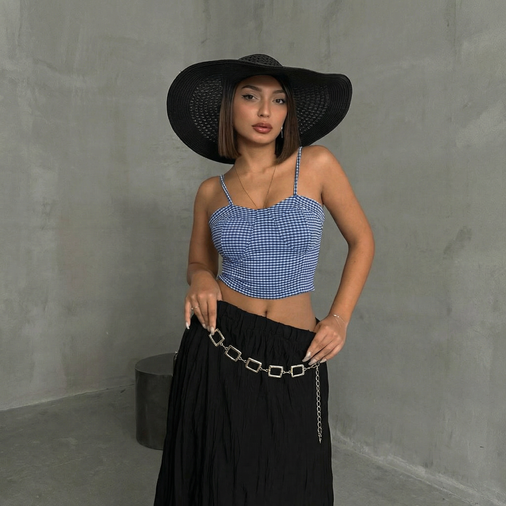 Saxe Blaues Gingham Crop Top mit gesmoktem Bustier