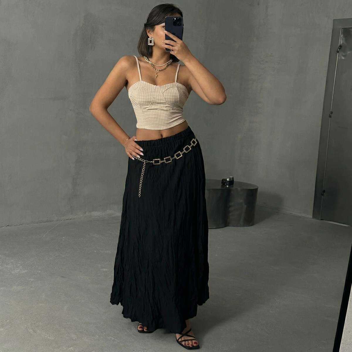 Bustier-Crop-Top mit Vichy-Karo in Stone und Herzbluse