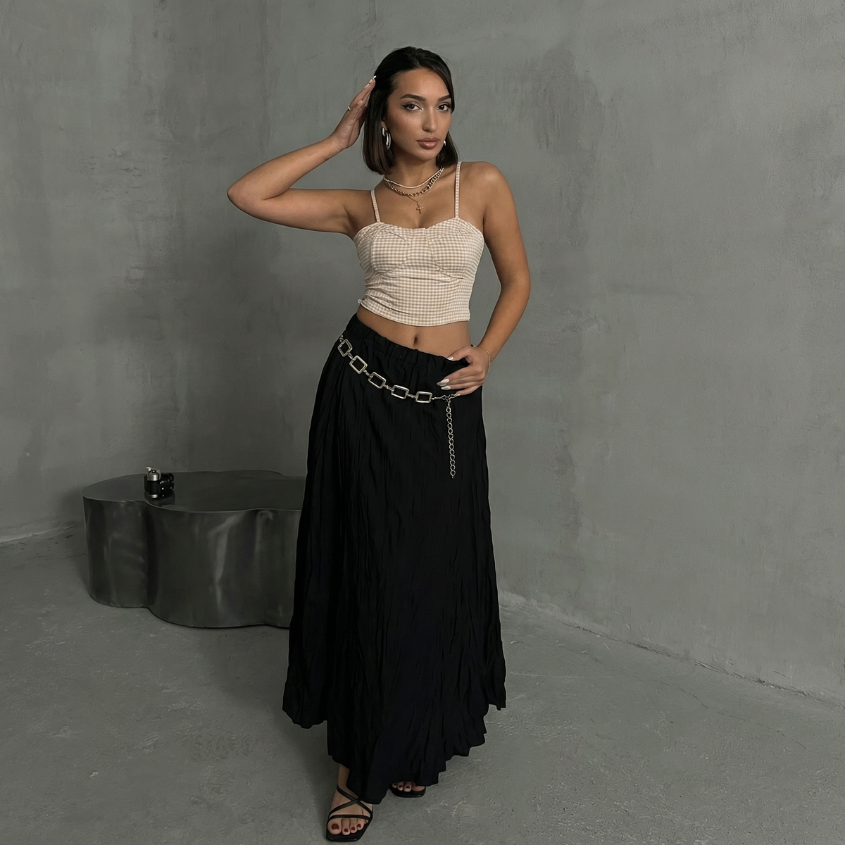 Bustier-Crop-Top mit Vichy-Karo in Stone und Herzbluse