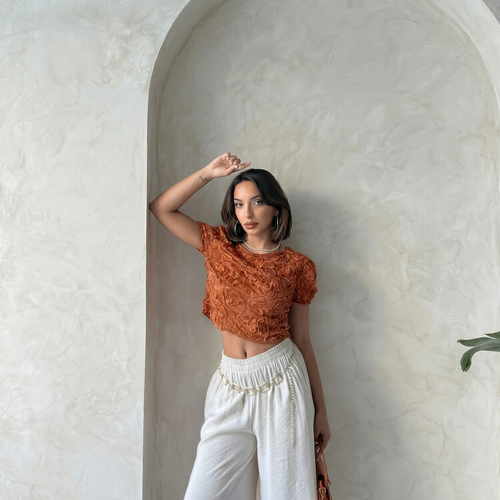 Tile Orange Textured Floral Puff Sleeve Cropped Blouse