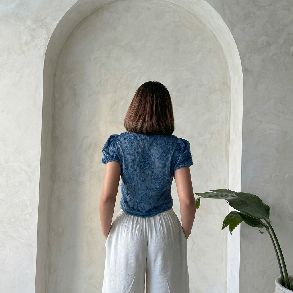 Indigo Textured Organza Crop Top Blouse with Flared Sleeves