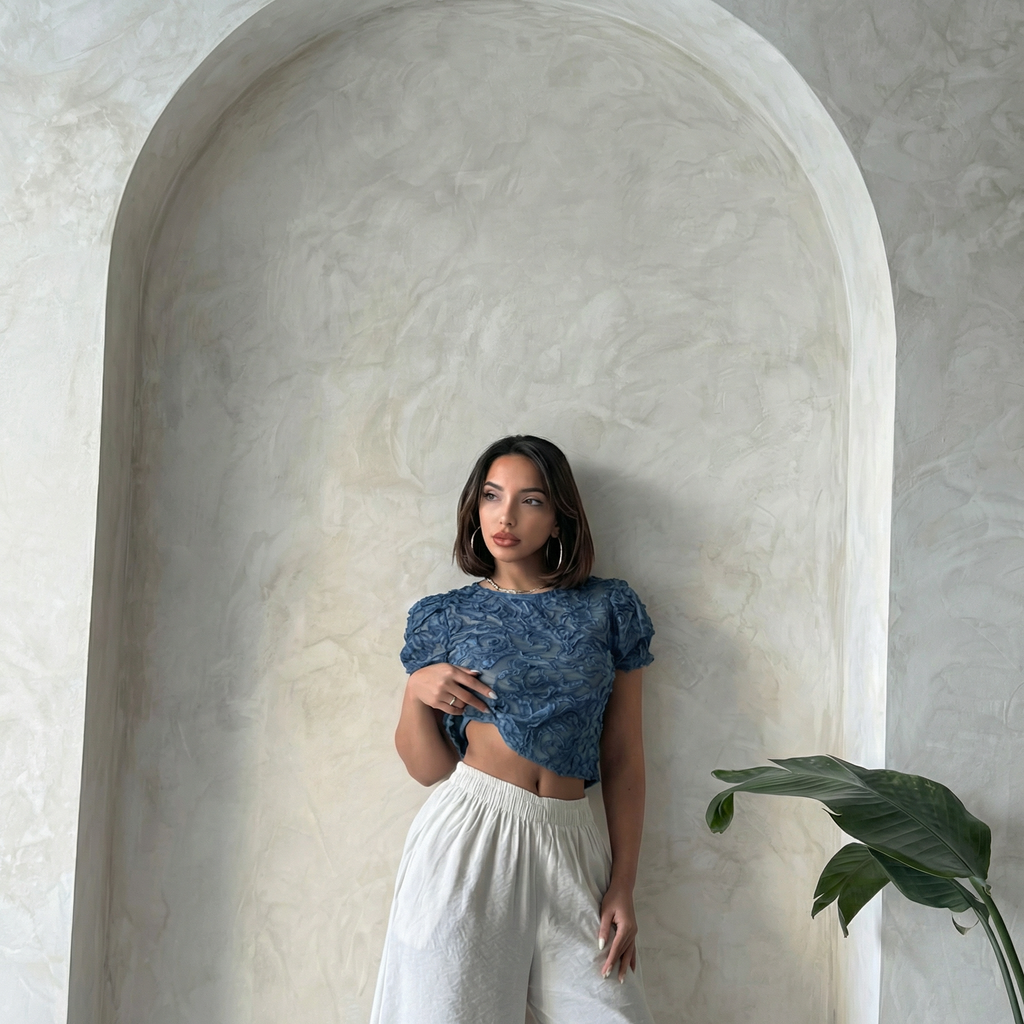 Indigo Textured Organza Crop Top Blouse with Flared Sleeves