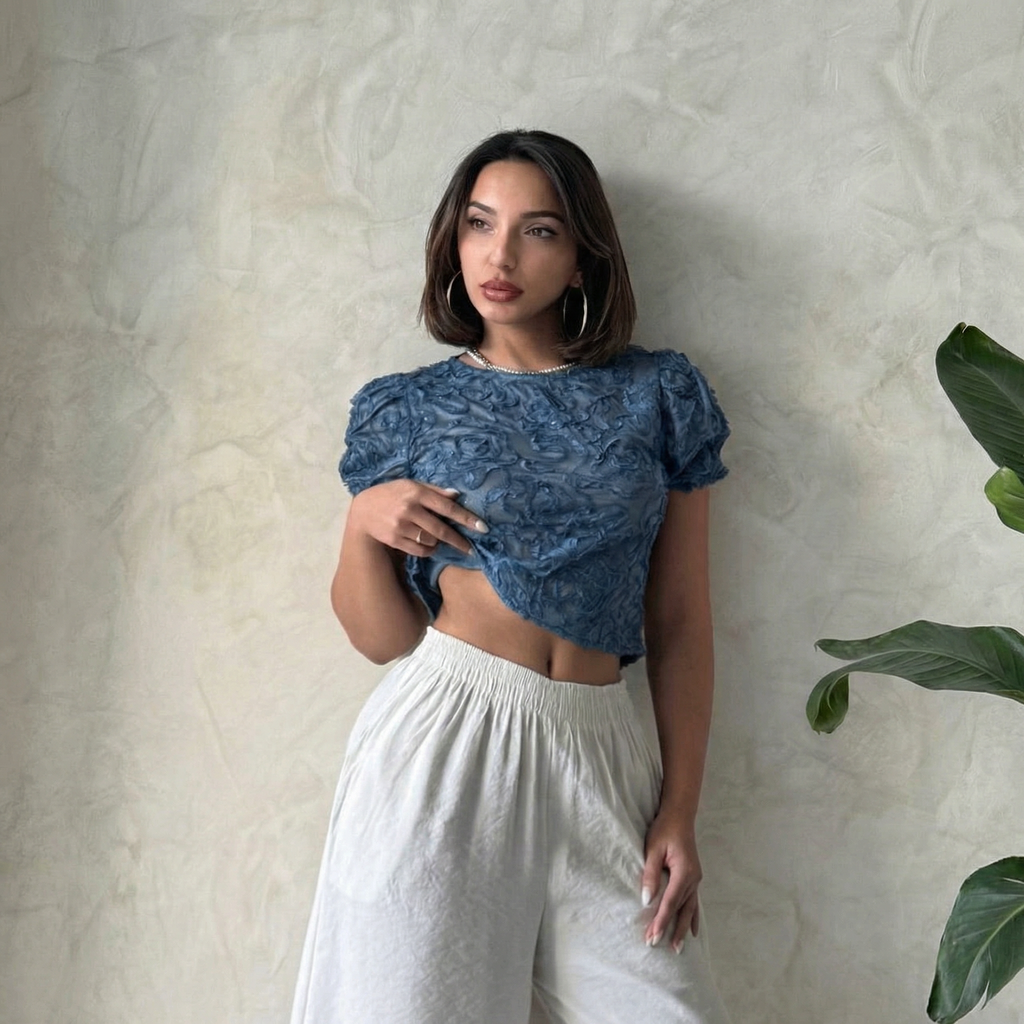 Indigo Textured Organza Crop Top Blouse with Flared Sleeves