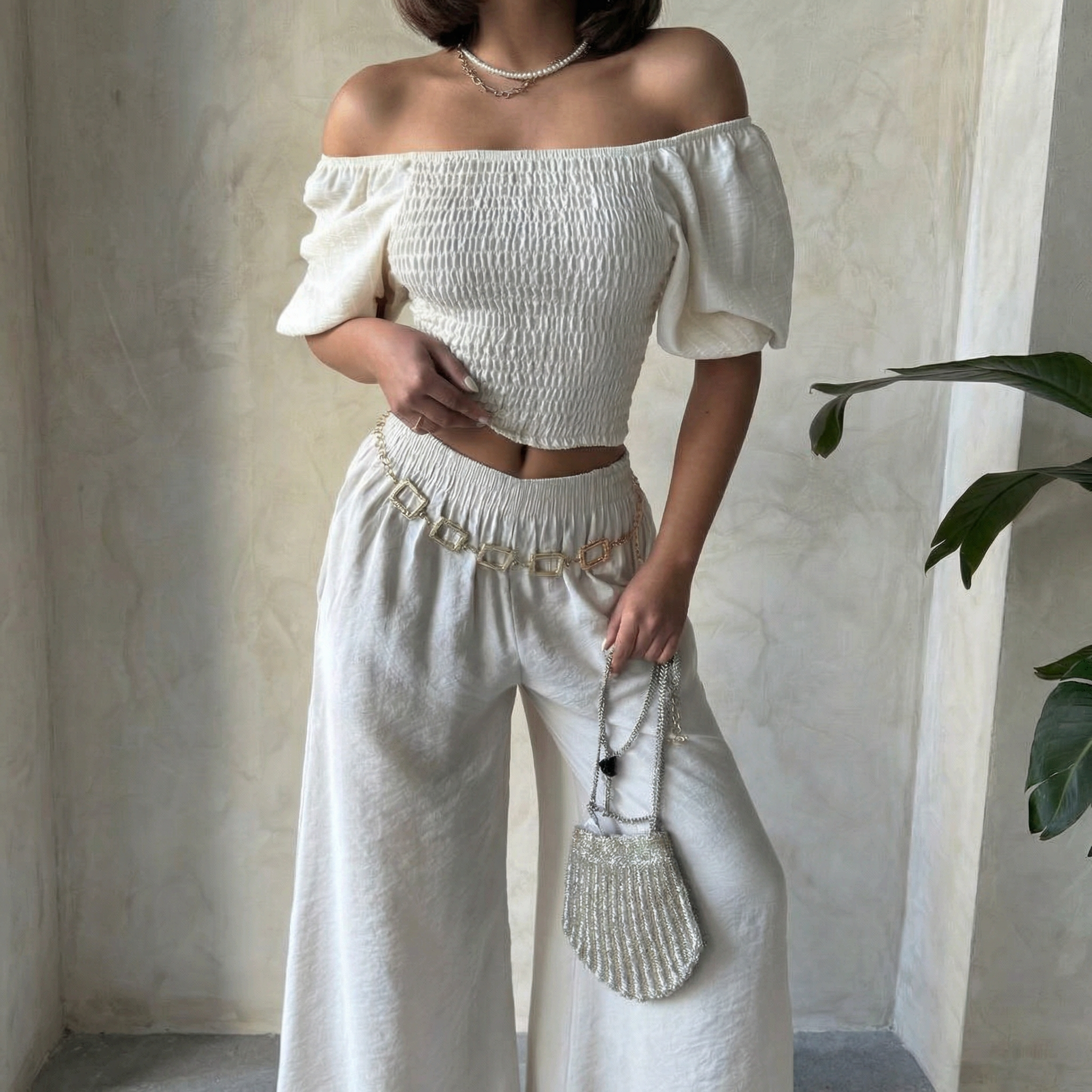 Echsenfarbenes, gesmoktes Off-Shoulder-Puffärmel-Crop-Top