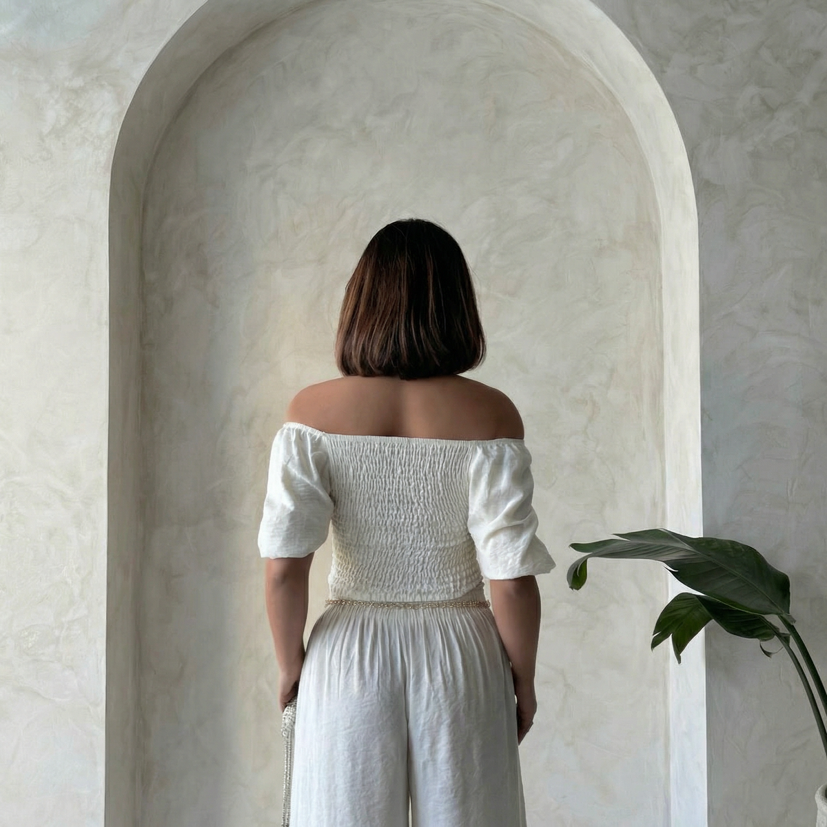Echsenfarbenes, gesmoktes Off-Shoulder-Puffärmel-Crop-Top