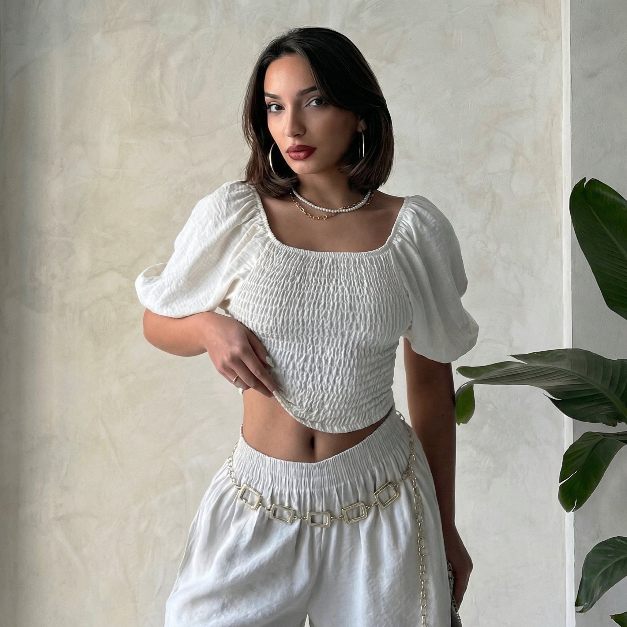 Echsenfarbenes, gesmoktes Off-Shoulder-Puffärmel-Crop-Top