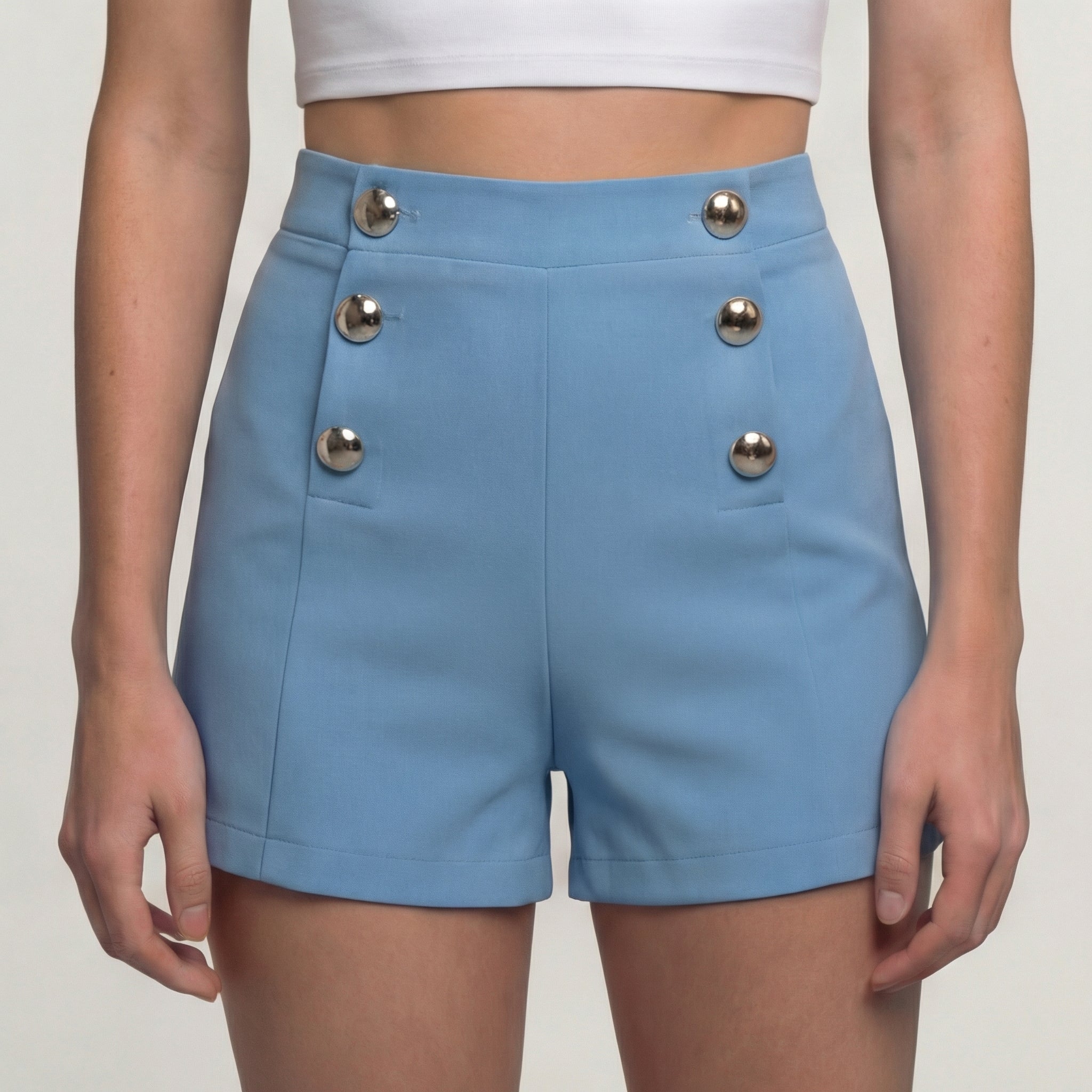 Himmelblaue High-Waist Anzughorts mit Zierknöpfen