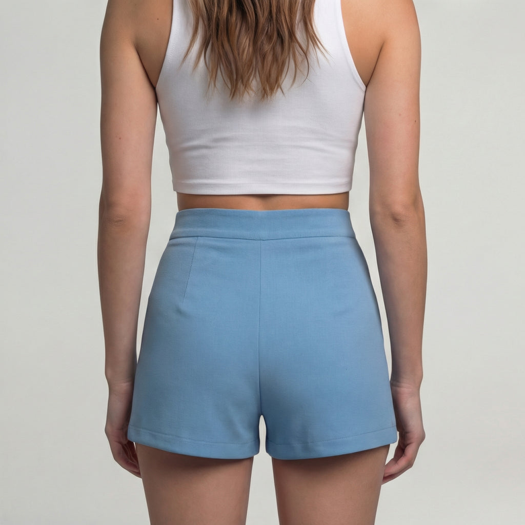 Sky Blue High-Waisted Tailored Shorts with Ornament Buttons