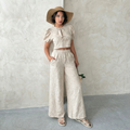 Embroidered Front Tie Puff Sleeve Crop Blouse in Stone