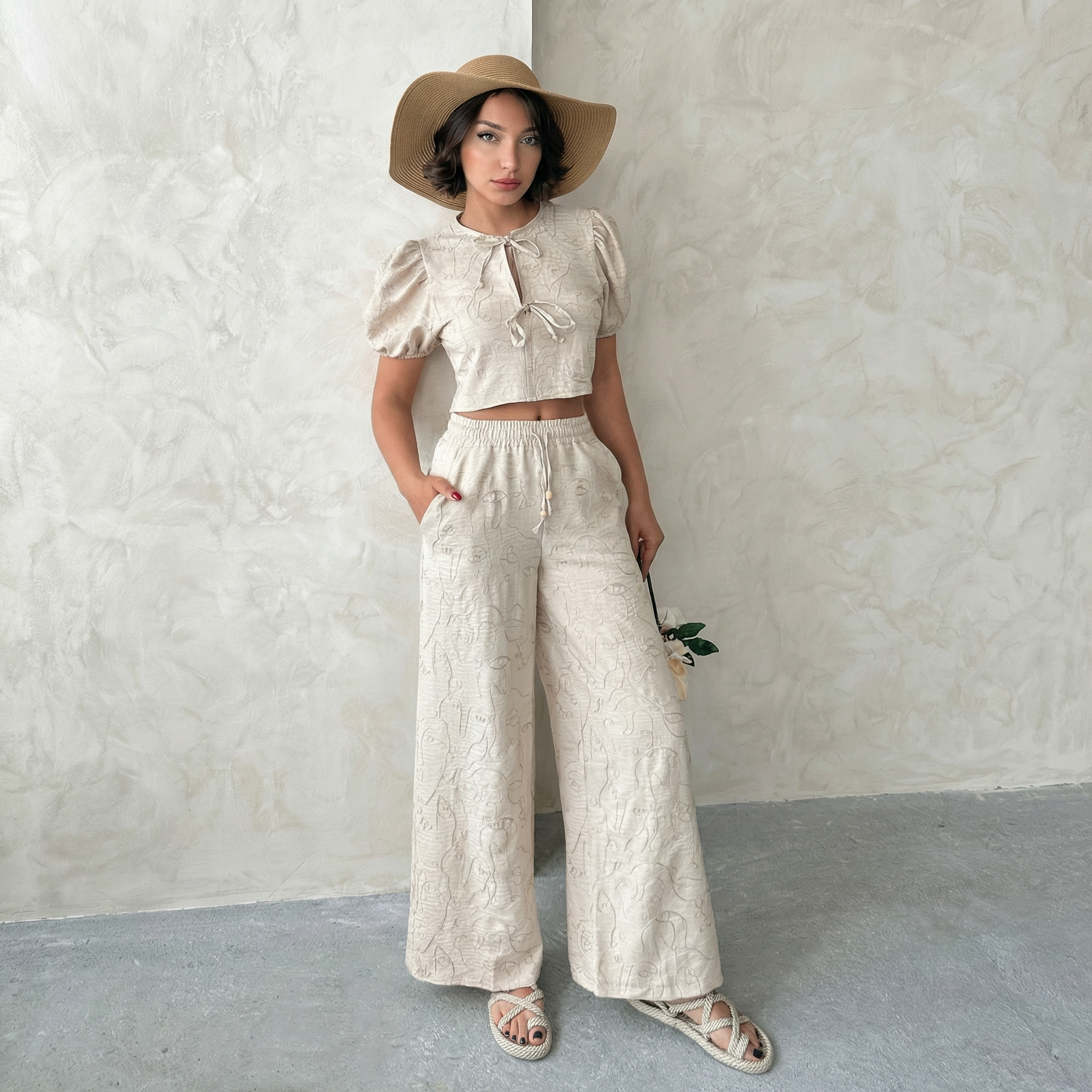 Bestickte Kurzarm-Bluse mit Vorderbindung und Puffärmeln in Stein