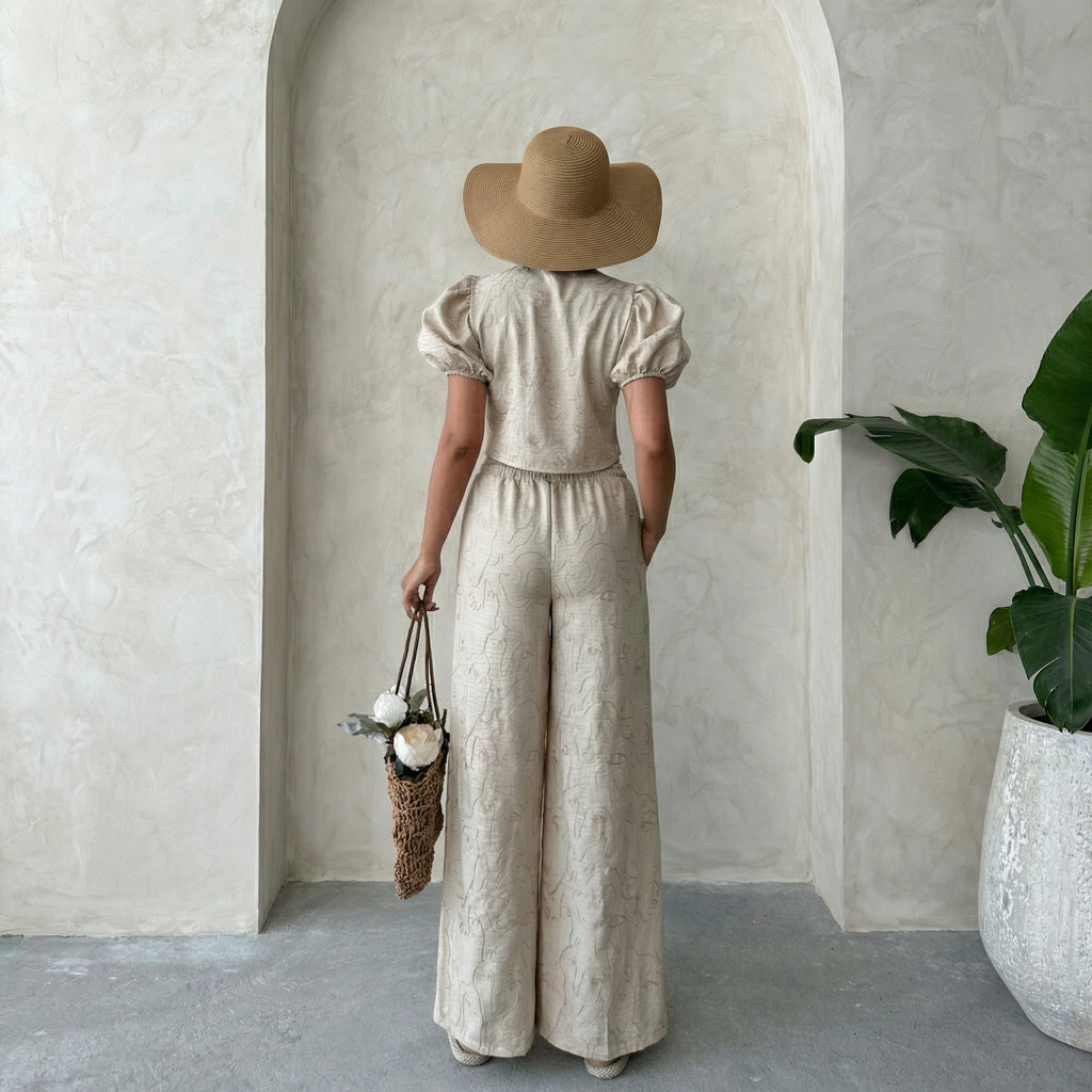Embroidered Front Tie Puff Sleeve Crop Blouse in Stone