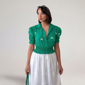 Emerald Green Smocked Waist Button-Down Shirt with Bows