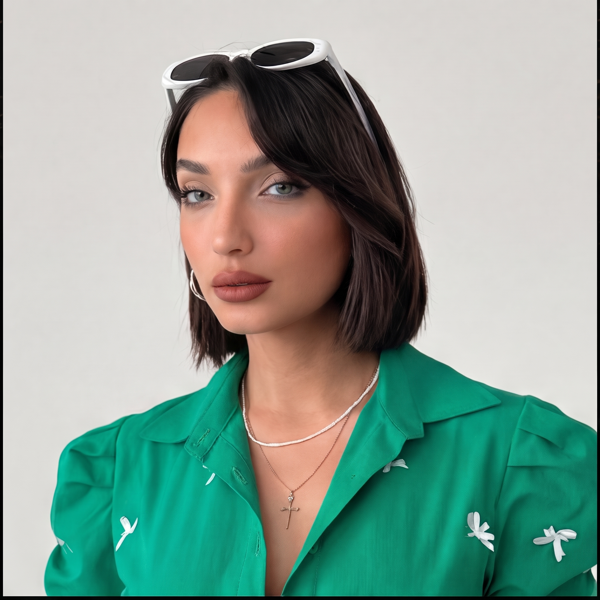 Smaragdgrüne Bluse mit gesmokter Taille, Knopfleiste und Schleifendetails
