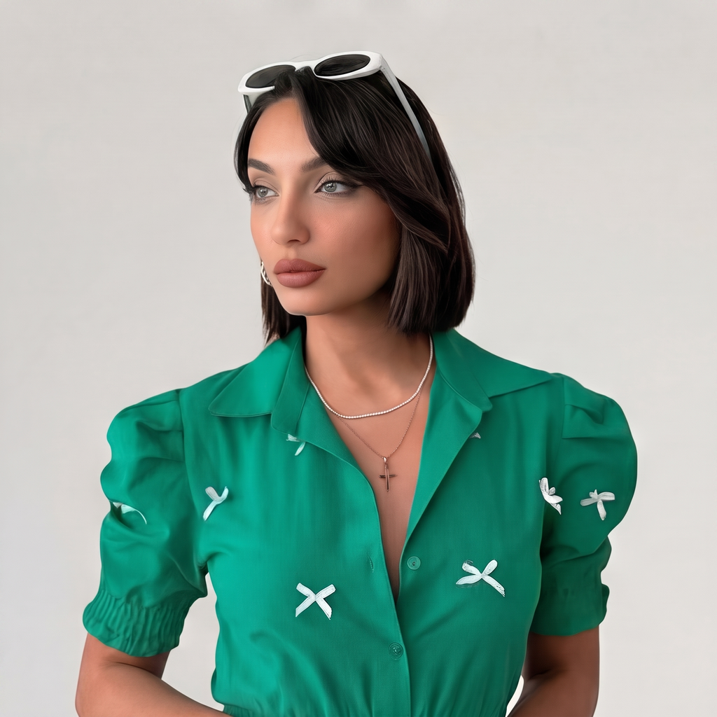 Emerald Green Smocked Waist Button-Down Shirt with Bows