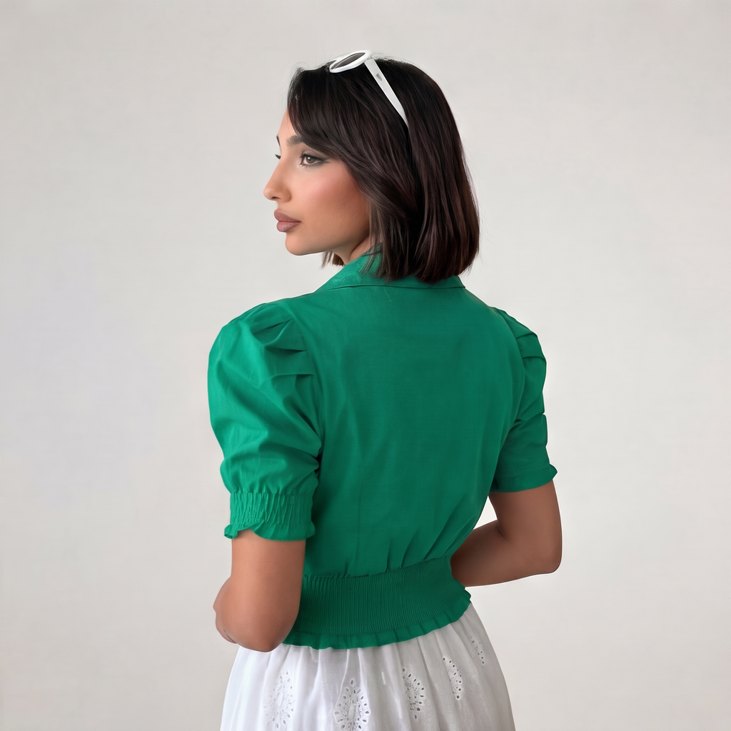 Emerald Green Smocked Waist Button-Down Shirt with Bows