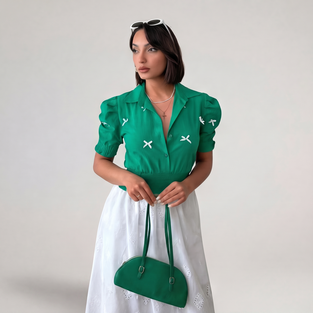 Emerald Green Smocked Waist Button-Down Shirt with Bows