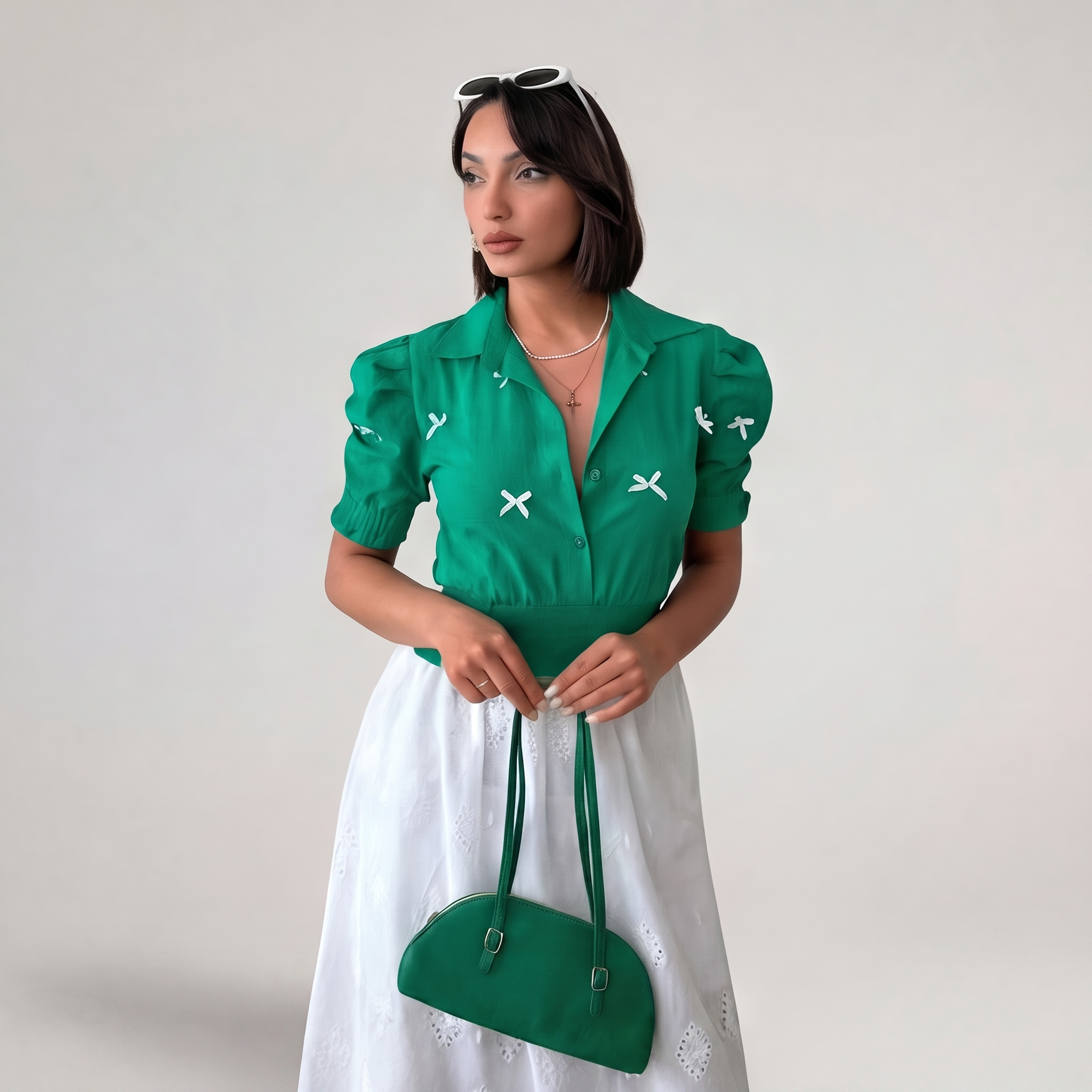 Emerald Green Smocked Waist Button-Down Shirt with Bows