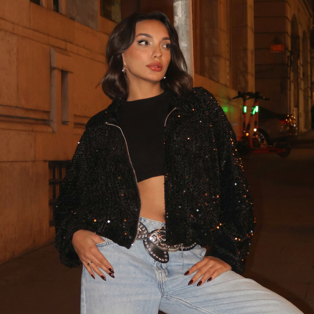 Schwarze Pailletten-Bomberjacke im Glam-Look – Funkelnde Streetwear-Jacke