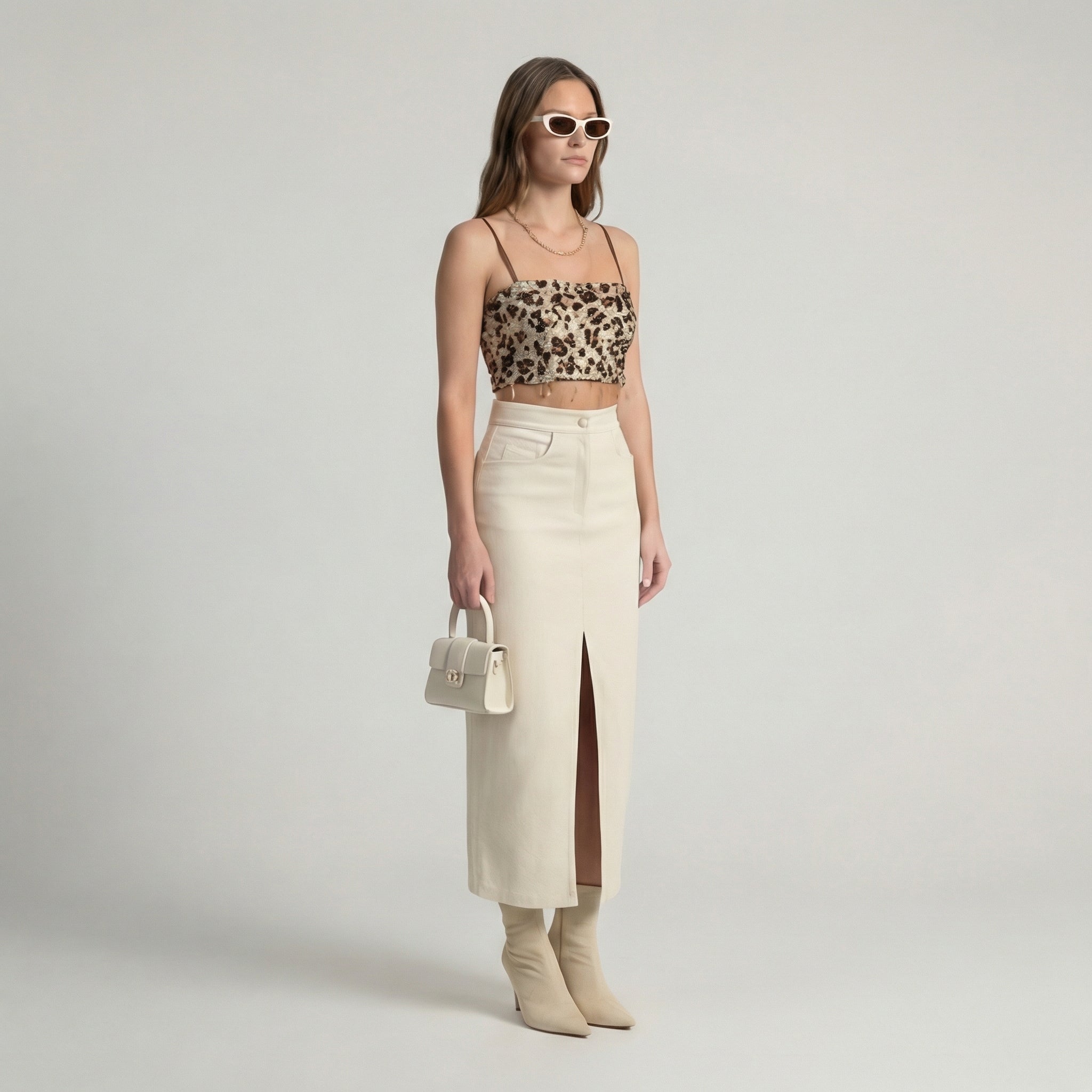 Schmale, kurze Pailletten-Bluse mit Leopardenmuster in Gold