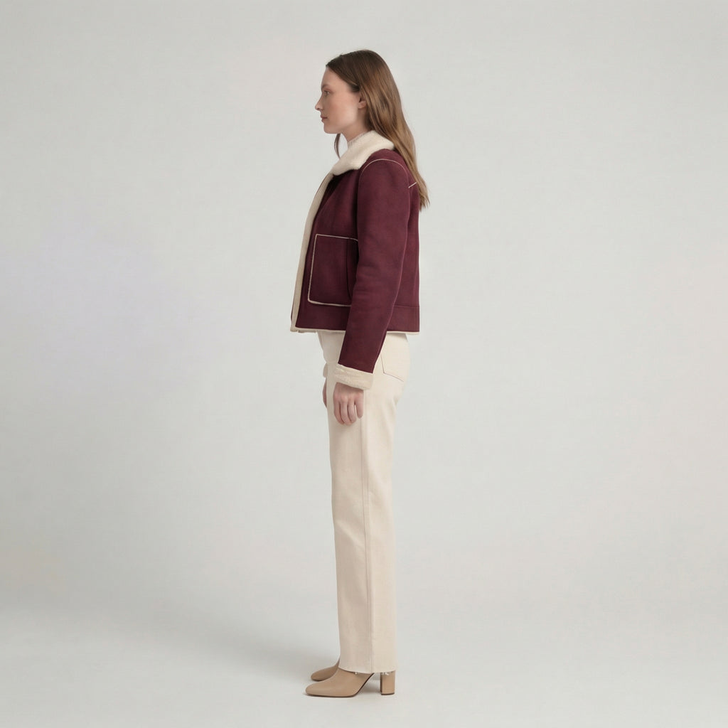 Claret Red Cropped Aviator Jacket with Cosy Shearling-Style Trim