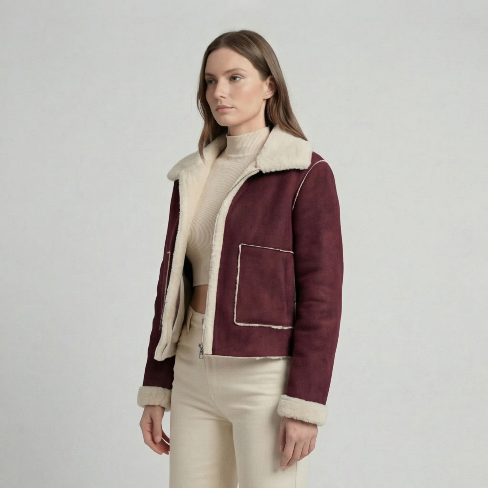 Claret Red Cropped Aviator Jacket with Cosy Shearling-Style Trim