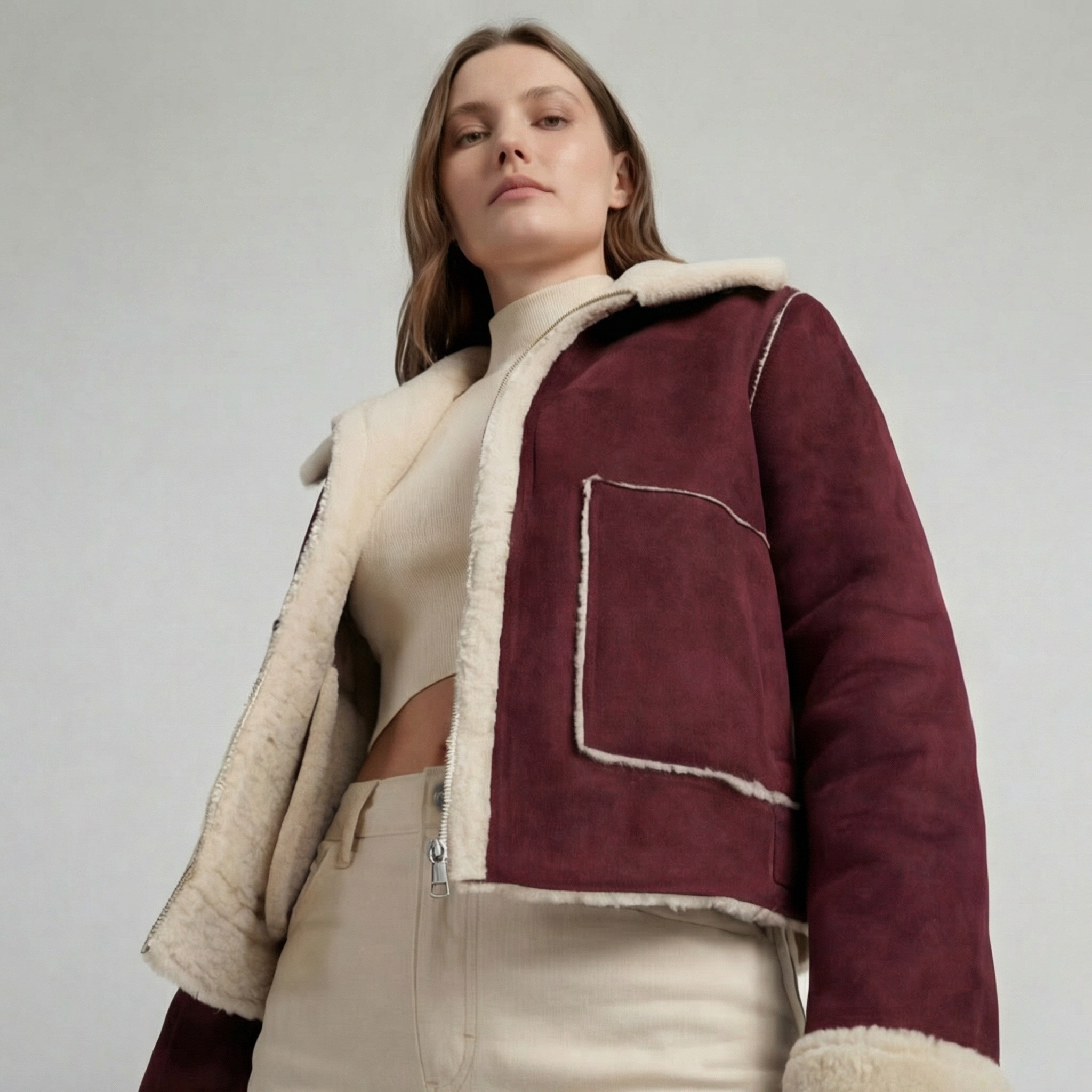 Claret Red Cropped Aviator Jacket with Cosy Shearling-Style Trim