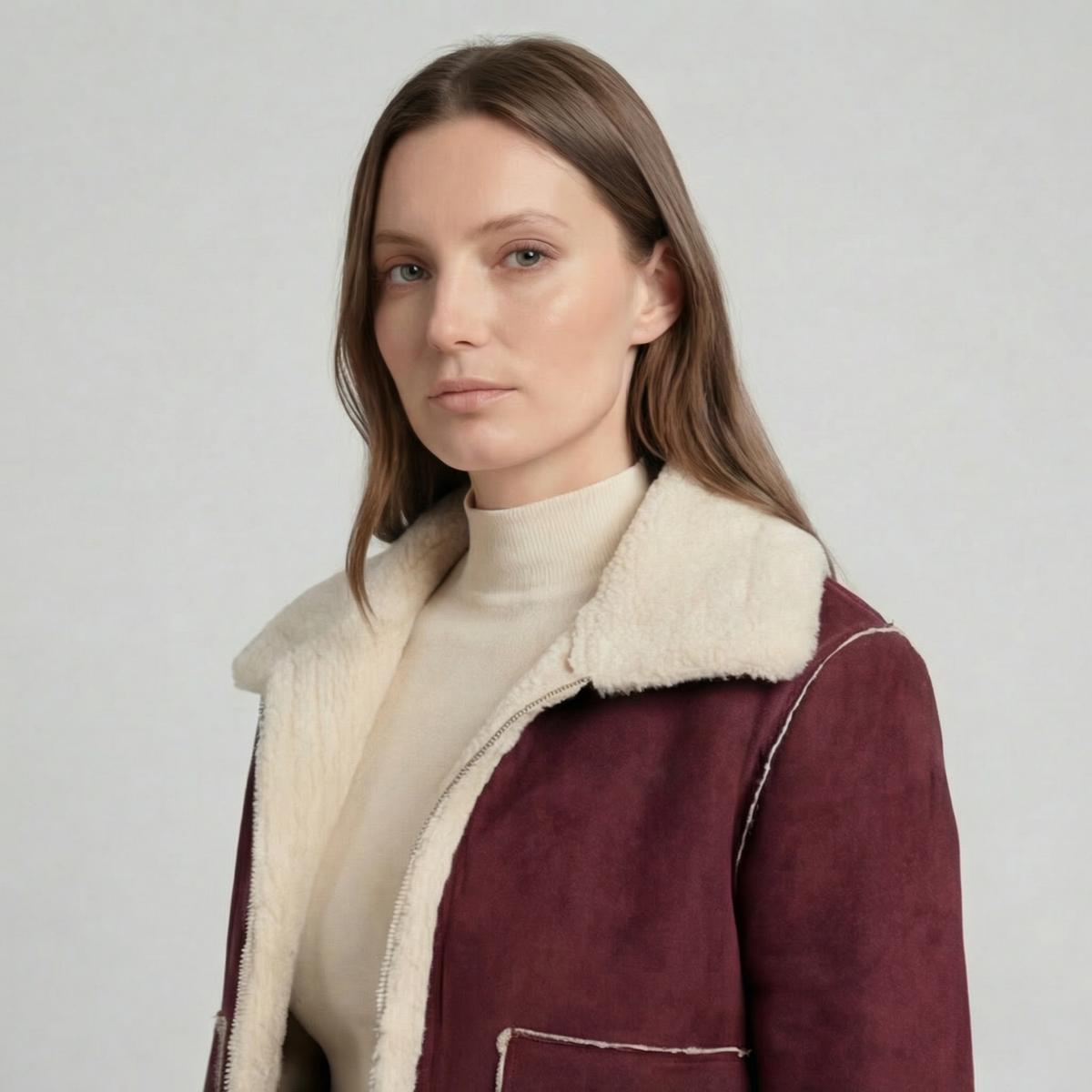 Claret Red Cropped Aviator Jacket with Cosy Shearling-Style Trim