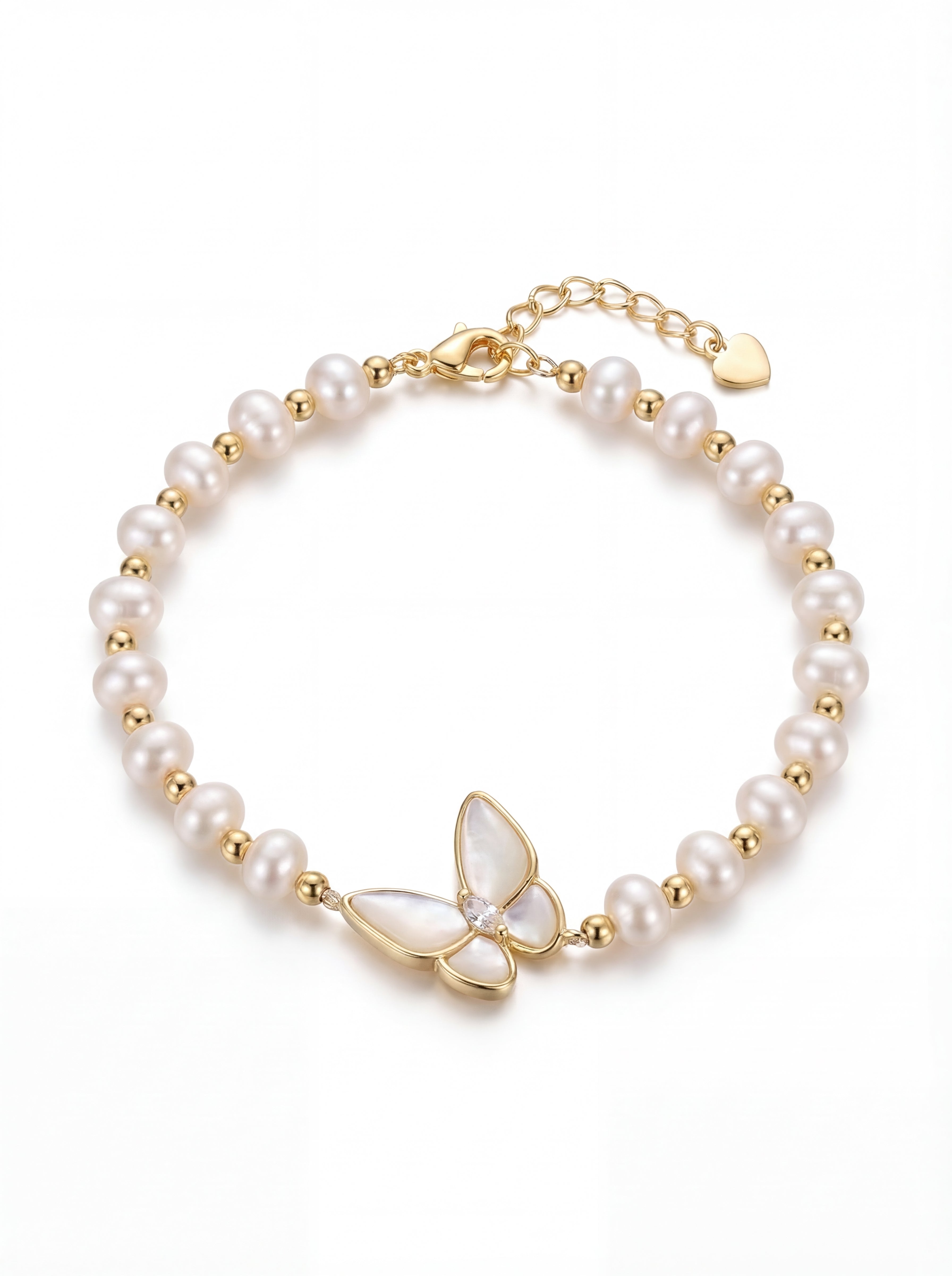 Pearl bracelet with a butterfly charm on a white background