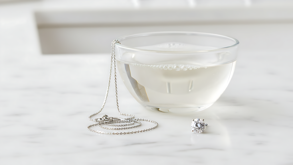 Clear bowl with a necklace and diamond ring on a white surface