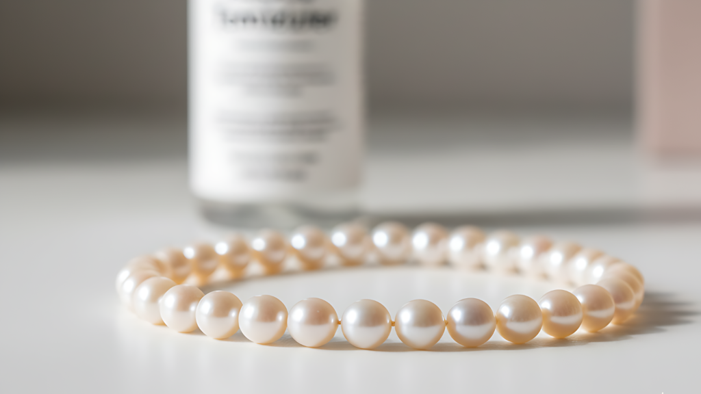 Pearl necklace on a light surface with a blurred background